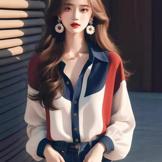 丁摩新款女装高级感独特超好看宽松上衣撞色灯笼袖衬衫5ZF-9448 商品图4