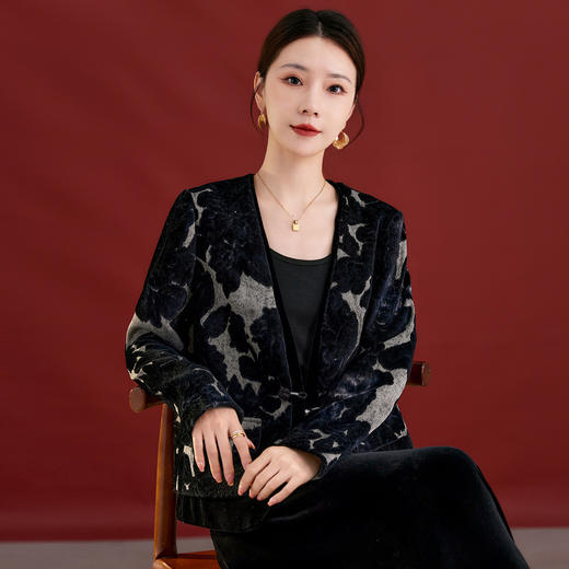 丁摩水墨秋冬新款桑蚕丝丝绒外套简约日常款印花宽松遮肉显瘦女装AL1297 商品图3