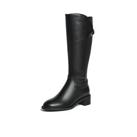 【云粉节】BF楼百思图25冬新款牛皮黑色骑士靴通勤粗跟女大筒围高筒长靴AX892DG5吊牌价1699.现价699