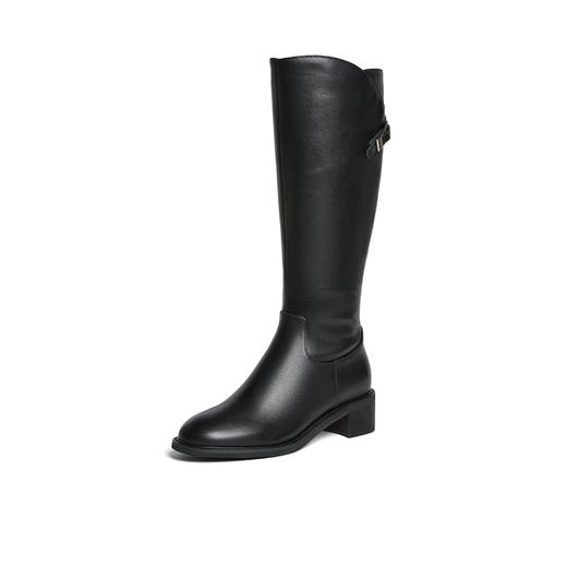 【云粉节】BF楼百思图25冬新款牛皮黑色骑士靴通勤粗跟女大筒围高筒长靴AX892DG5吊牌价1699.现价699 商品图0