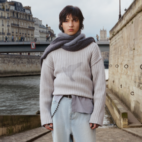 GOODBAI 916 logo白鸽印花做旧渐变圆领套头oversize长袖针织衫