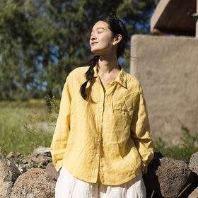 绽放674朵/色织亚麻慵懒简约翻领开襟落肩长袖衬衫女宽松开衫上衣