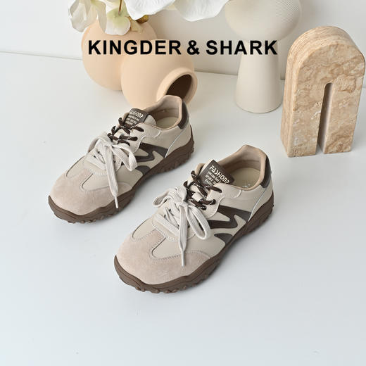 经典鲨2025秋专柜新款猪皮革潮流拼色系带平底休闲德训鞋女KW313-537131 商品图0