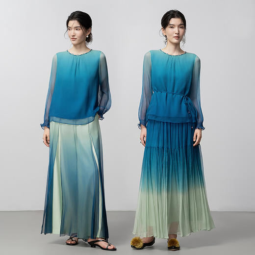 【林栖设计小店】真丝衫青绿渐变花边显瘦2025秋冬新款桑蚕丝长袖上衣女T1954197 商品图4