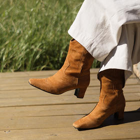 绽放女装JS129朵/绣线旅行感帅气小方头粗跟短靴秋冬新款百搭靴子