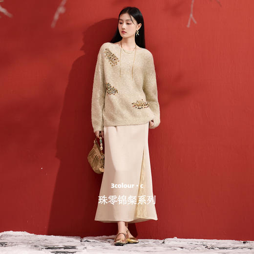 三彩【落日熔金】2025冬季新款珠片针织衫宽松落肩袖毛衫C 商品图1