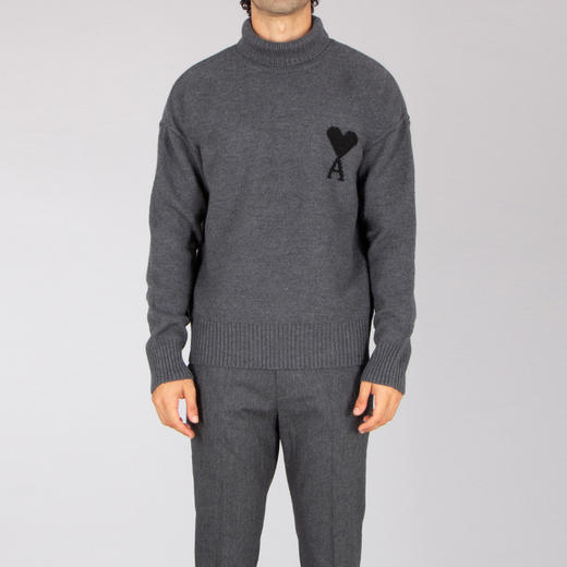 AMI 男女同款心形徽标刺绣嵌花羊毛针织衫 深灰色 UKS839 018 0504 商品图1