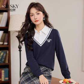 【年终特卖】熙世界【学院风假两件卫衣】文艺百搭春秋款衬衫翻领女士上衣