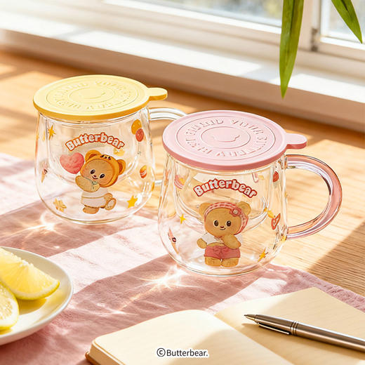 【摩登主妇&黄油小熊】高硼硅玻璃杯带盖水杯家用牛奶杯饮料杯子 商品图0