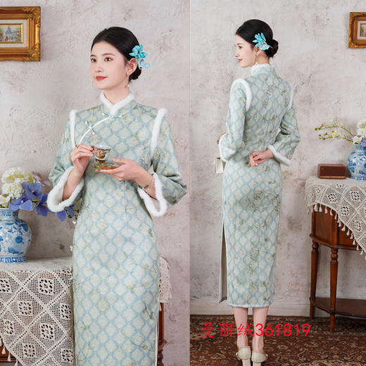 SKY 361819时尚改良新中式长款曼丽绒拼接旗袍 商品图1