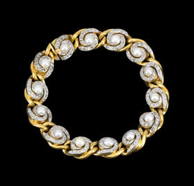 独角鹿西洋古董1900年代法国出品曲链式旋涡造型18K黄金镶嵌天然海水珍珠及钻石手链