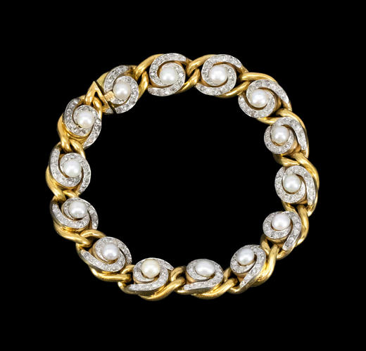 独角鹿西洋古董1900年代法国出品曲链式旋涡造型18K黄金镶嵌天然海水珍珠及钻石手链 商品图0