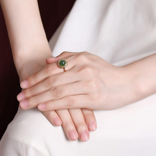 S925纯银镀金和田玉碧玉玫瑰圆珠戒指CW 商品图3