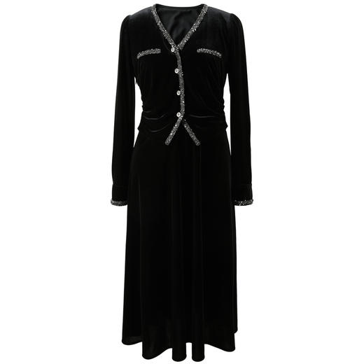 三彩2025冬季新款法式V领丝绒裙长袖收腰连衣裙假两件A字裙长裙M 商品图4