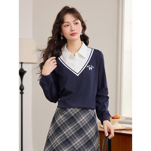 【年终特卖】熙世界【学院风假两件卫衣】文艺百搭春秋款衬衫翻领女士上衣 商品图3