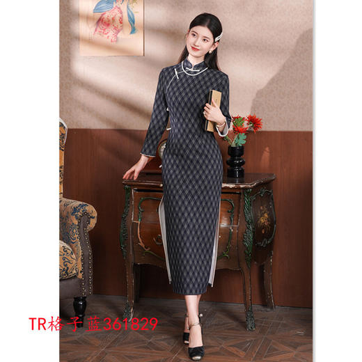 SKY 361829复古国风长款格子七分袖旗袍修身气质 商品图1