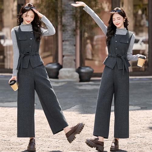 小香风毛呢穿搭套装，韩系小个子设计感阔腿裤两件套HR-DMGY2615 商品图1