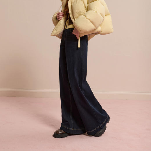 三彩2025冬季新款宽松牛仔裤休闲阔腿裤一体绒磨毛长裤复古水洗M 商品图3