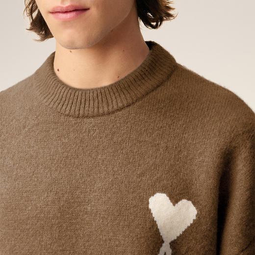AMI 男女同款心形徽标嵌花混纺羊毛针织衫 棕色 UKS836 KN0135 217 商品图3