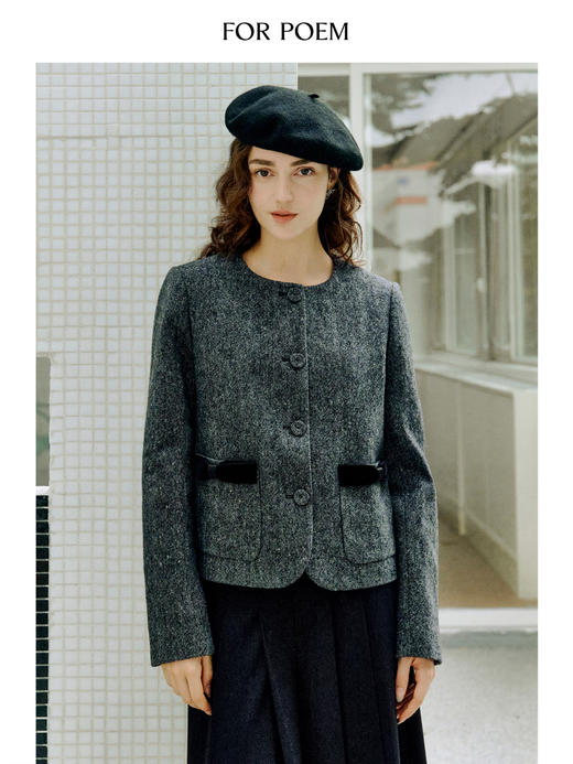 ForPoem 现货 25/FW原创设计复古灰色质感箱型短款圆领显瘦蝴蝶结外套 商品图0