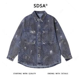 SDSA男士秋冬新款痞帅男装韩版印花做旧纽扣翻领牛仔衬衫百搭时尚