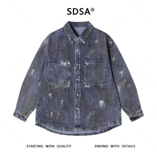 SDSA男士秋冬新款痞帅男装韩版印花做旧纽扣翻领牛仔衬衫百搭时尚 商品图0