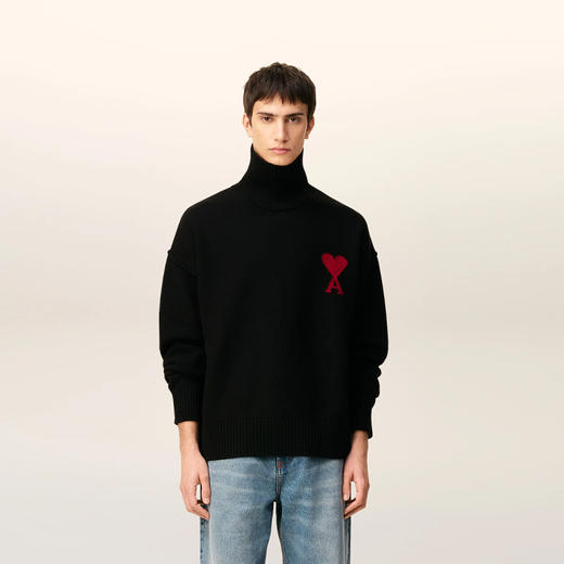 AMI 男女同款心形徽标刺绣嵌花羊毛针织衫 黑色 UKS839 018 009 商品图1