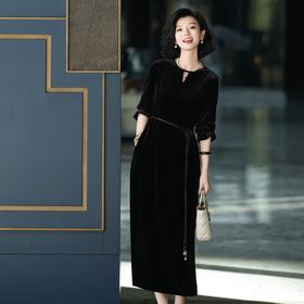 西子/暗夜玫瑰设计感圆领丝绒黑色连衣裙/CQBH2278