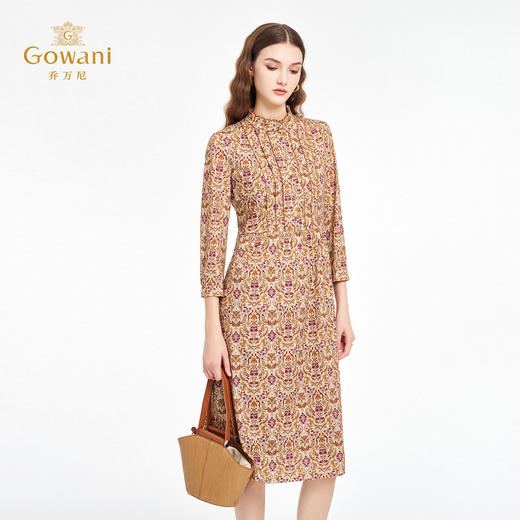 乔万尼2025秋新品半高木耳领复古宫廷风印花收腰长袖连衣裙ED3E287 商品图2