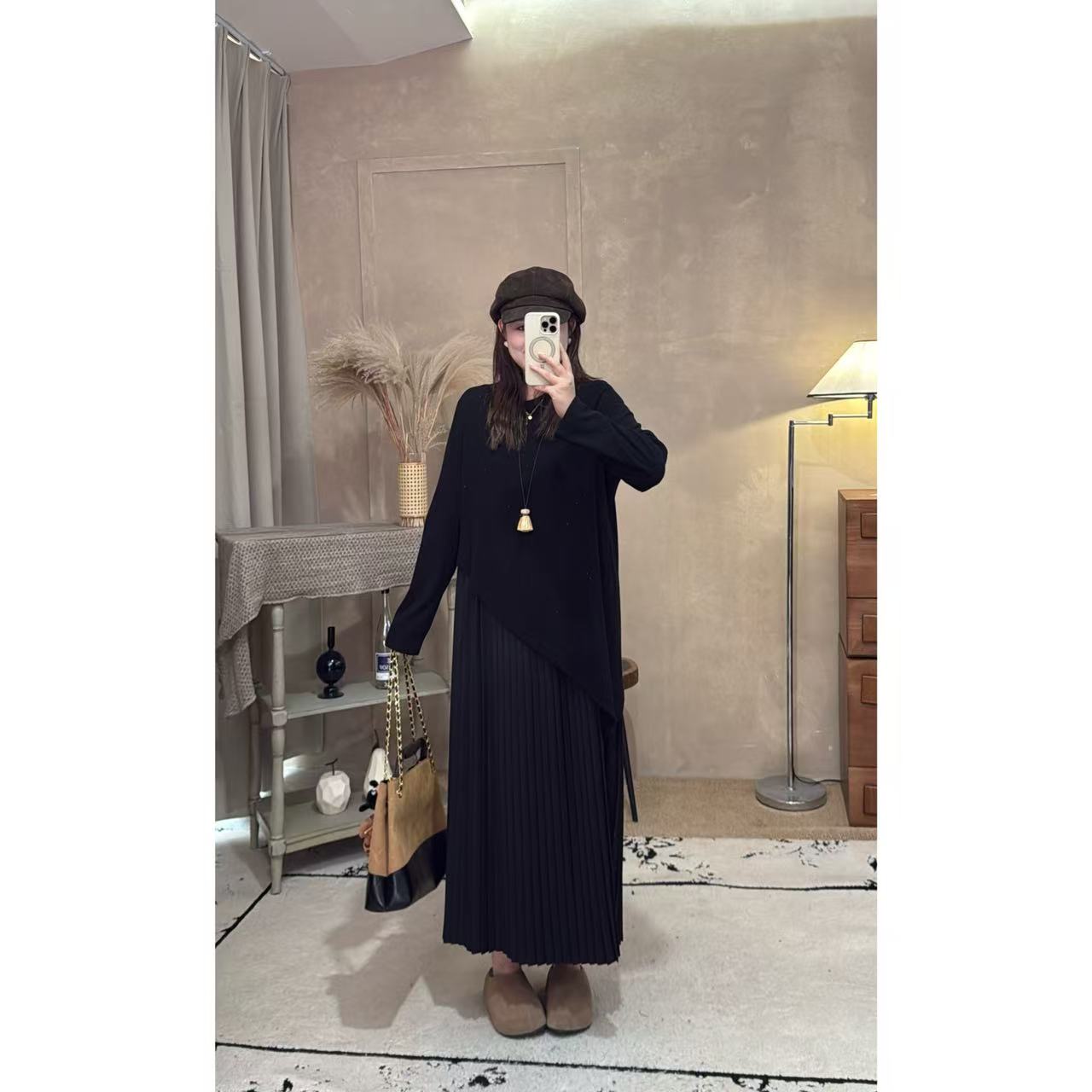 25AW上新【现货折上95折】 佳佳同款【琴法手则】下摆斜边拼接捏褶圆领连衣长裙长袖假两件长裙