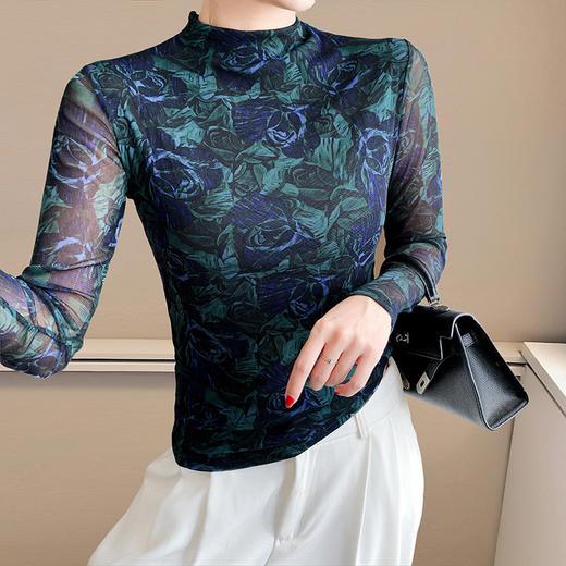 KQL A55F8700时尚纱网印花长袖半高领修身显瘦洋气T恤上衣 商品图0