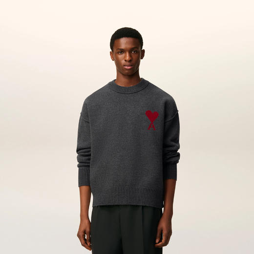 AMI 男女同款心形徽标刺绣嵌花羊毛针织衫 深灰色 UKS838 018 084 商品图1