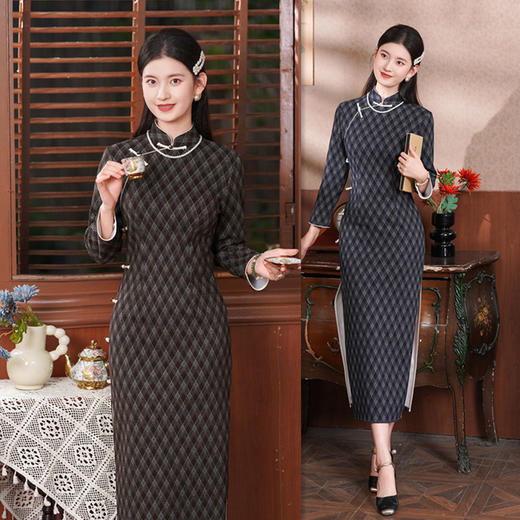 SKY 361829复古国风长款格子七分袖旗袍修身气质 商品图0