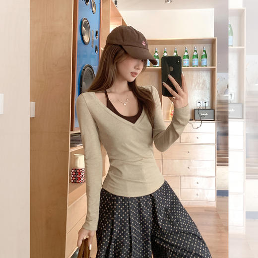 西遇修身长袖t恤女外穿秋季新款设计感挂脖撞色内搭打底衫SS051583 商品图0