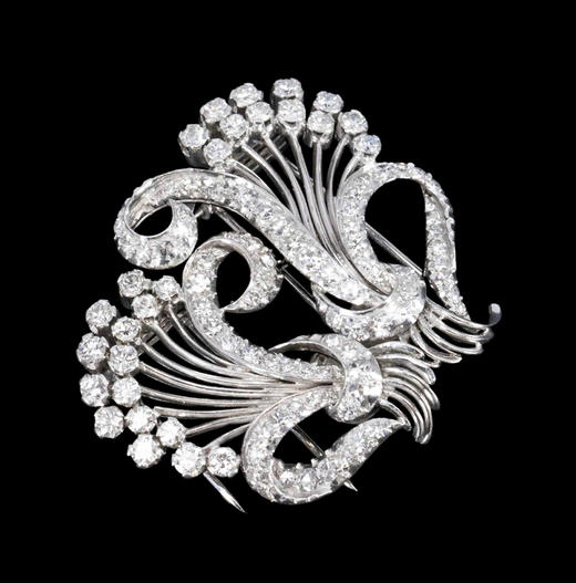 独角鹿西洋古董1950年代法国珠宝工匠Louis Sainson签名出品18K白金镶嵌钻石花束造型双夹式胸针 商品图0