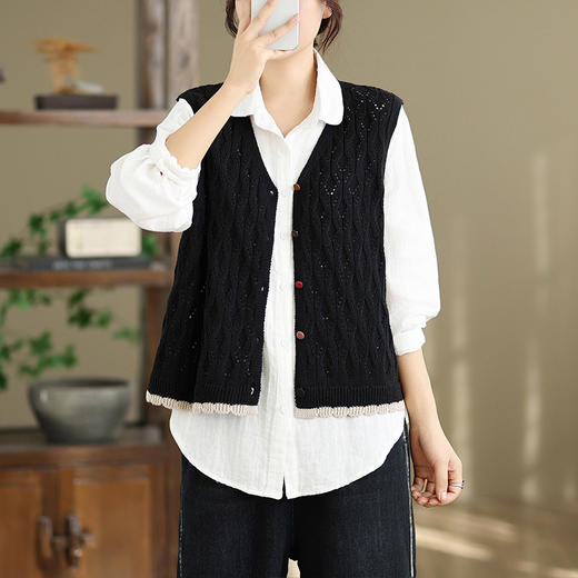 GYH 9253拼色马甲开衫扣子宽松针织复古上衣 商品图1