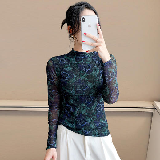 KQL A55F8700时尚纱网印花长袖半高领修身显瘦洋气T恤上衣 商品图2