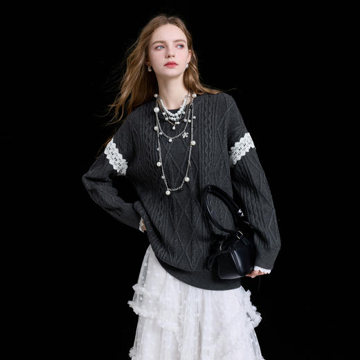 三彩2025冬季新款圆领绞花肌理针织衫长袖花边上衣毛衫宽松简约M 商品图3