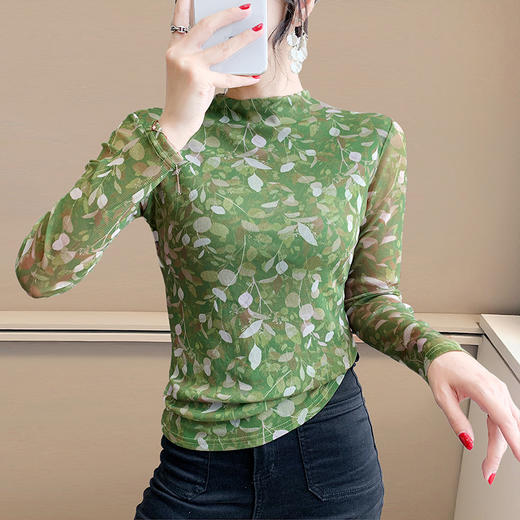 KQL A55F8600时尚纱网印花长袖半高领修身显瘦洋气T恤 商品图2