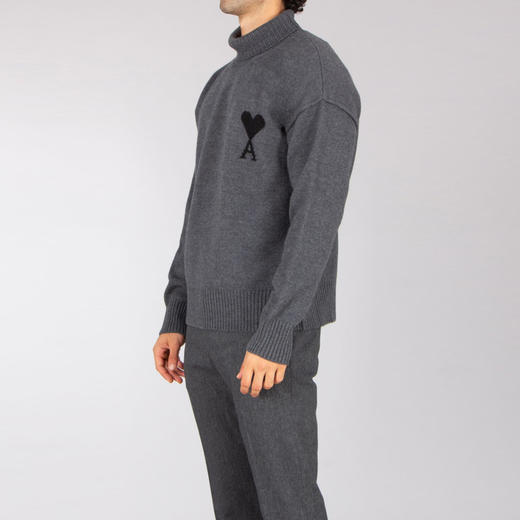 AMI 男女同款心形徽标刺绣嵌花羊毛针织衫 深灰色 UKS839 018 0504 商品图2