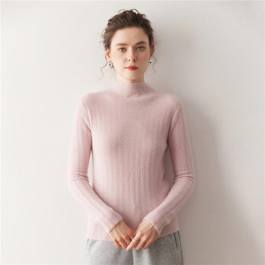 「高货QJ」全新升级【铂金会员404/天猫539/差价135】(92115)洛诗琳半高领树叶纹提花羊绒衫2025秋冬新款修身显瘦毛衣 商品图0