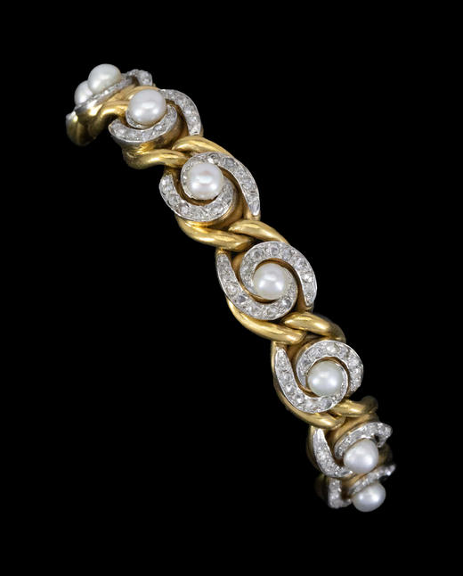 独角鹿西洋古董1900年代法国出品曲链式旋涡造型18K黄金镶嵌天然海水珍珠及钻石手链 商品图3