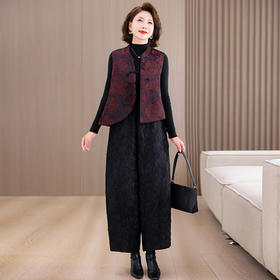 XYG82022025秋季新款中年妈妈休闲百搭花苞阔腿裤女时尚洋气马甲两件套