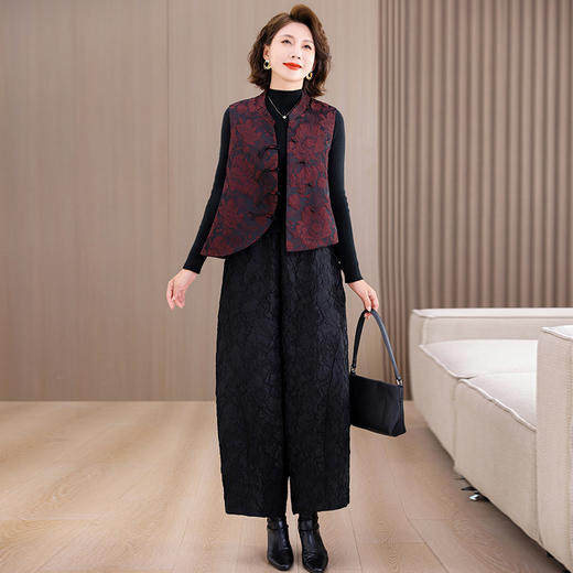XYG82022025秋季新款中年妈妈休闲百搭花苞阔腿裤女时尚洋气马甲两件套 商品图0