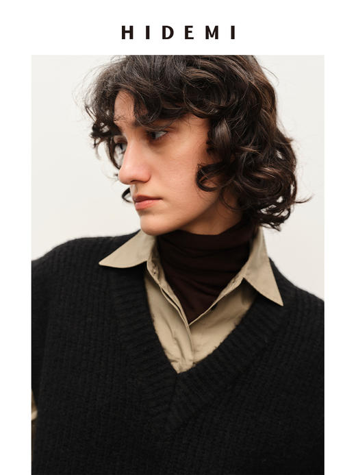 HIDEMI 甄选羊驼毛系列进口羊驼毛加厚款V领大廓形极简宽松马甲背心 商品图3