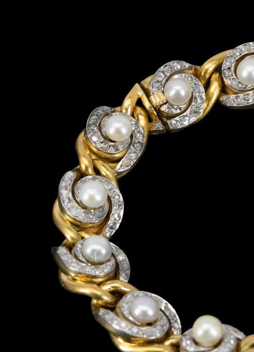 独角鹿西洋古董1900年代法国出品曲链式旋涡造型18K黄金镶嵌天然海水珍珠及钻石手链 商品图5