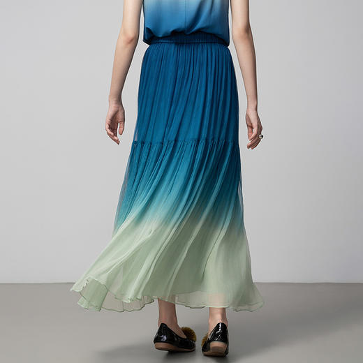 【林栖设计小店】真丝半身裙青绿渐变压褶显瘦2025秋冬新款桑蚕丝裙子女T1954196 商品图4