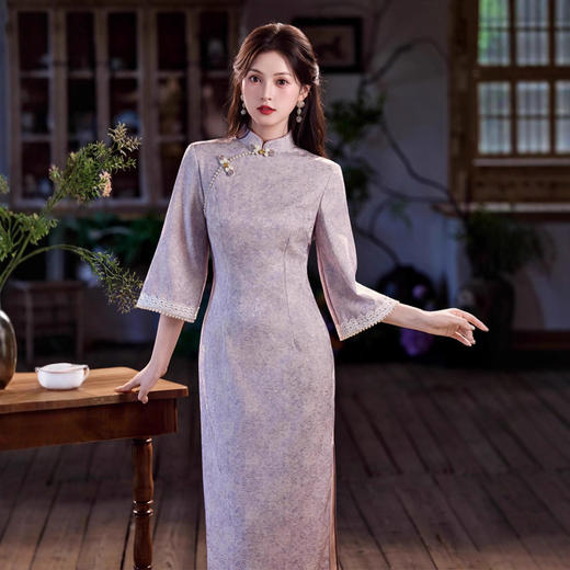 复合提花缎长款倒大袖旗袍，新中式高级感紫色旗袍SJT-862 商品图3
