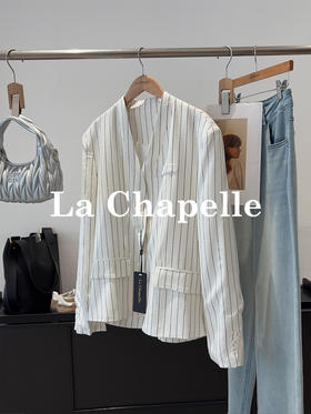 会员福利【亚麻/高智感】拉夏贝尔/La Chapelle时尚百搭宽松高级感V领条纹休闲西装无领外套女