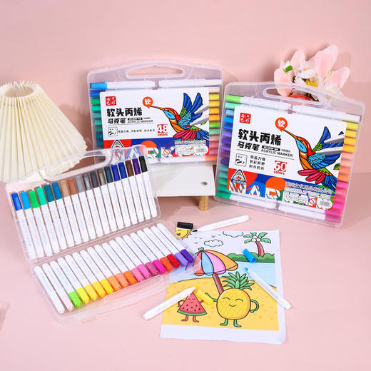 新品首发 童梦绘夏·色彩治愈力爆棚【山姆同款ManrubensMken白盒三角杆软头丙烯马克笔】80色丙烯马克笔48色学生美术专用DIY幼儿园绘画防水不透纸可叠色水洗 商品图0